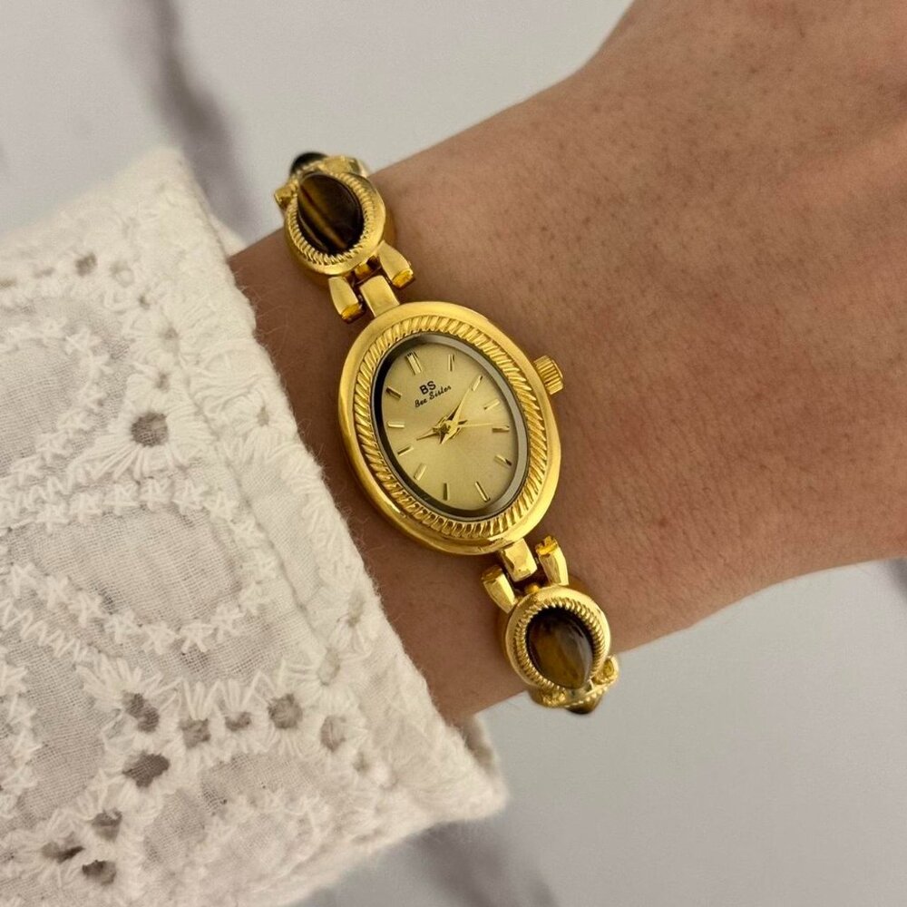 SKU:0478 Retro gold oval watch bracelet brown natural stones Stainless steel - Picture 2 of 5